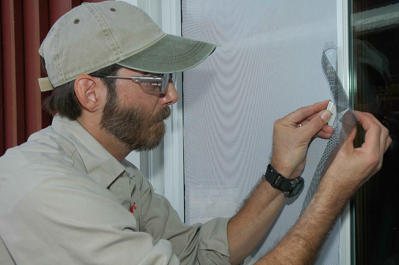 Ein Mann klebt Vogelschutzfolie auf eine Fensterscheibe